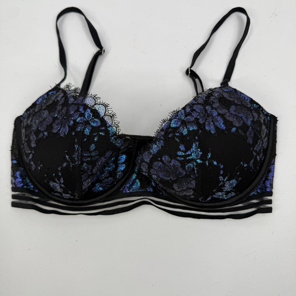 Victoria's‎ Secret Bra Very Sexy Lined Balconet 32D Black Blue Purple Metallic